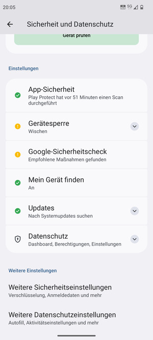 Um die PIN für die SIM-Karte zu wechseln, gehen Sie zum Sicherheit und Datenschutz Menü und scrollen Sie und wählen Sie Weitere Sicherheitseinstellungen