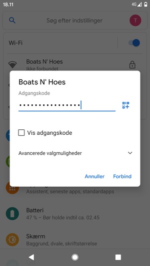 Indtast Wi-Fi adgangskoden og vælg Forbind
