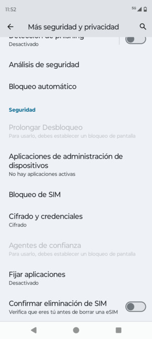 Desplácese y seleccione Bloqueo de SIM
