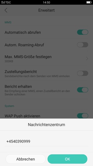 Geben Sie die Nachrichtenzentrum Nummer ein und wählen Sie OK