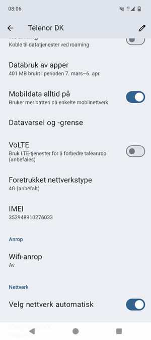 For å bytte nettverk hvis det oppstår nettverksproblemer, slå av Velg nettverk automatisk