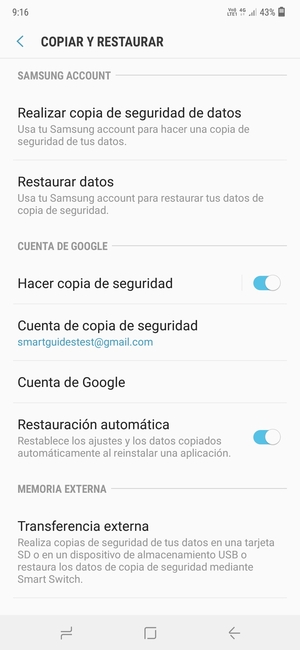 Seleccione Cuenta de copia de seguridad