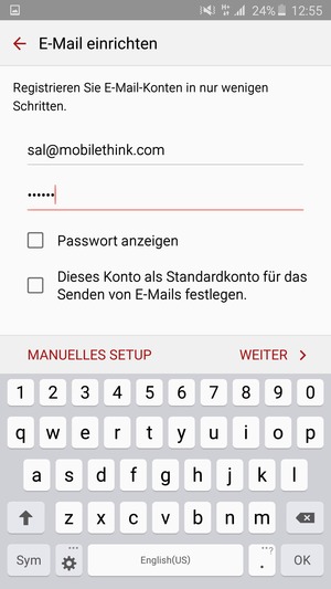 Geben Sie Ihre E-Mail-Adresse und Ihr Passwort ein. Wählen Sie MANUELLES SETUP