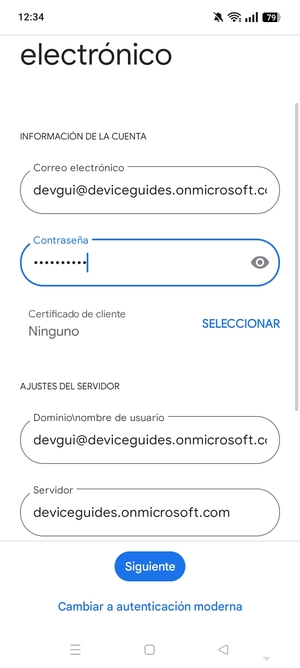 Introduzca Nombre de usuario y la dirección de servidor Exchange. Seleccione Siguiente