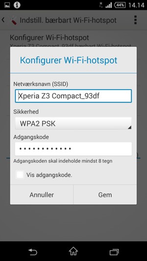 Indtast en Wi-Fi-hotspot adgangskode på minimum 8 tegn og vælg Gem