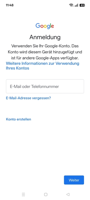 Geben Sie Ihre Gmail Adresse ein und wählen Sie Weiter