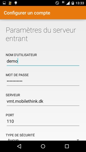 Saisissez votre Nom d'utilisateur et l'adresse du serveur entrant.