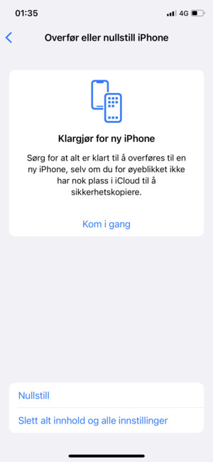 Velg Slett alt innhold og alle innstillinger