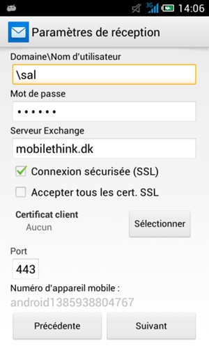 Saisissez votre Nom d'utilisateur et votre Adresse du serveur Exchange. Sélectionnez Suivant