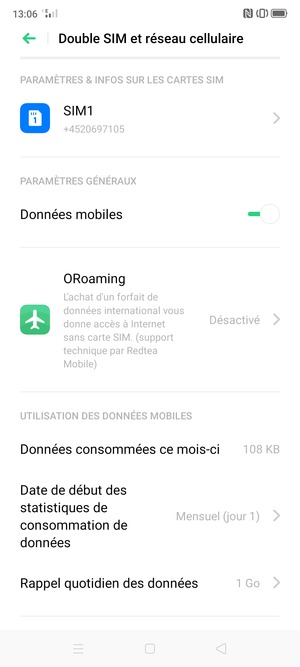Sélectionnez SIM1 ou SIM2