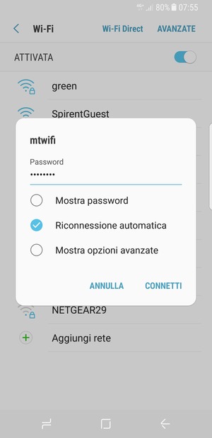 Inserisci la password del Wi-Fi e seleziona CONNETTI