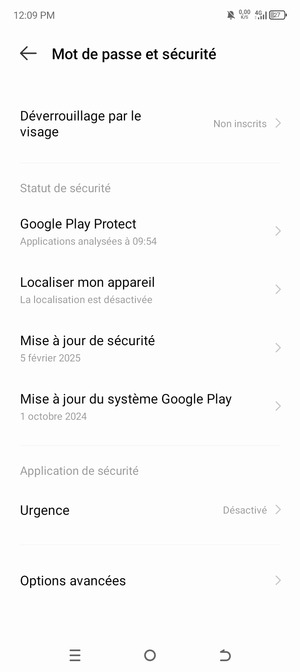 Pour modifier le code PIN de la carte SIM, allez dans le menu Mot de passe et sécurité et sélectionnez Options avancées