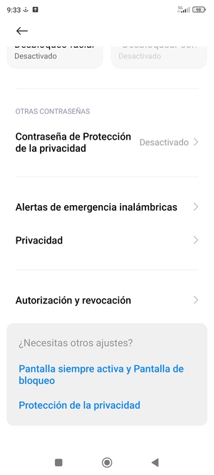 Desplácese y seleccione Privacidad