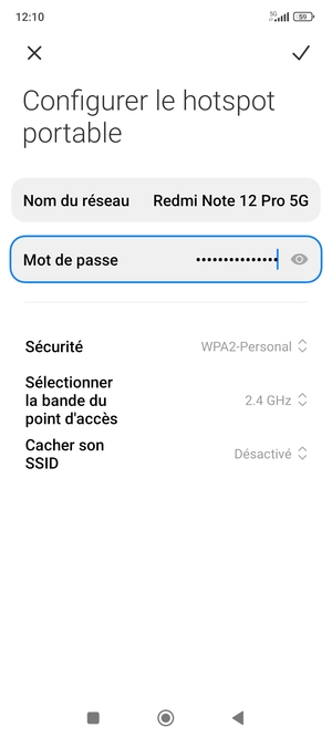 Saisissez un mot de passe de hotspot Wi-Fi d'au moins 8 caractères et sélectionnez OK