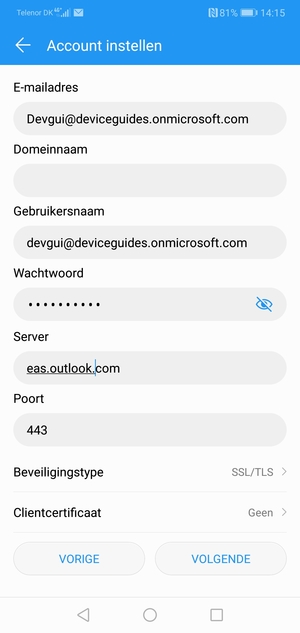 Voer Exchange-serveradres in en selecteer VOLGENDE