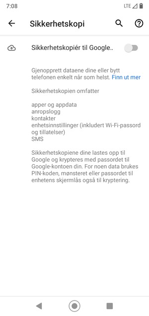 Slå på Sikkerhetskopiér til Google Disk