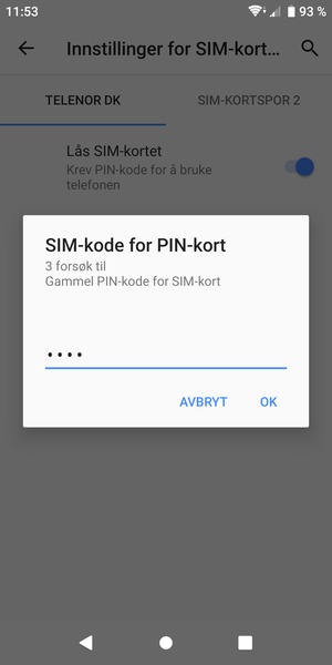 Skriv inn Gammel PIN-kode for SIM-kort og velg OK