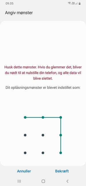 Tegn oplåsningsmønsteret igen og vælg Bekræft