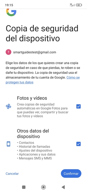 Seleccione la opciones deseada y seleccione Confirmar