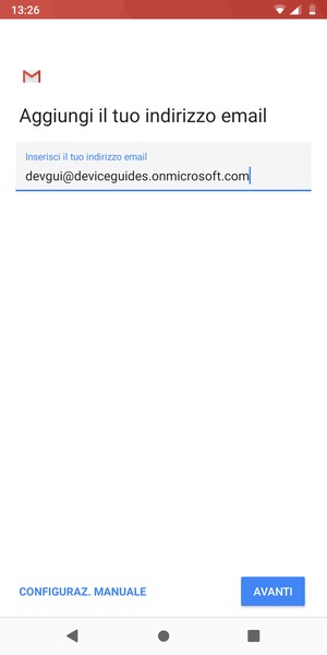 Inserisci il tuo indirizzo email e seleziona CONFIGURAZ. MANUALE