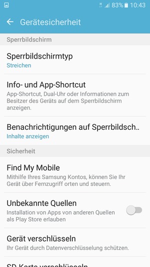Um Ihre Bildschirmsperre zu aktivieren, gehen Sie zum Gerätesicherheit Menü und wählen Sie  Sperrbildschirmtyp