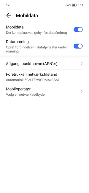 Slå Dataroaming til eller fra