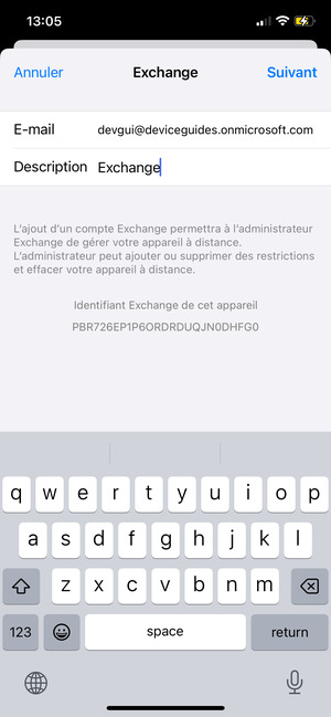 Saisissez vos informations de messagerie Exchange et sélectionnez Suivant