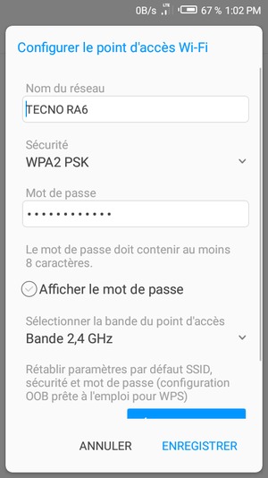 Saisissez un mot de passe de hotspot Wi-Fi d'au moins 8 caractères et sélectionnez ENREGISTRER