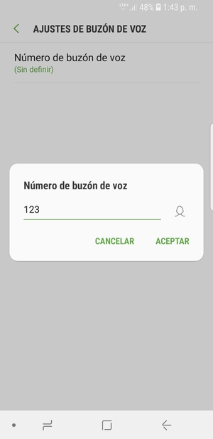 Introduzca el Número de buzón de voz y seleccione ACEPTAR