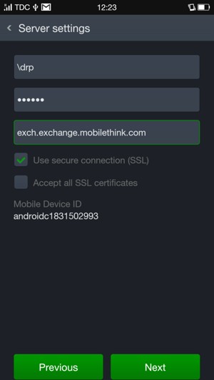 Enter Username and Exchange server address. Select Next