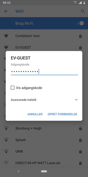 Indtast Wi-Fi adgangskoden og vælg OPRET FORBINDELSE