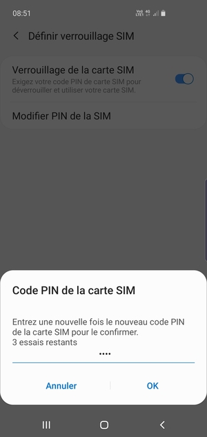 Veuillez confirmer votre nouveau code PIN de la carte SIM et sélectionner OK