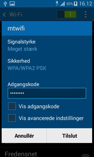 Indtast Wi-Fi adgangskoden og vælg Tilslut