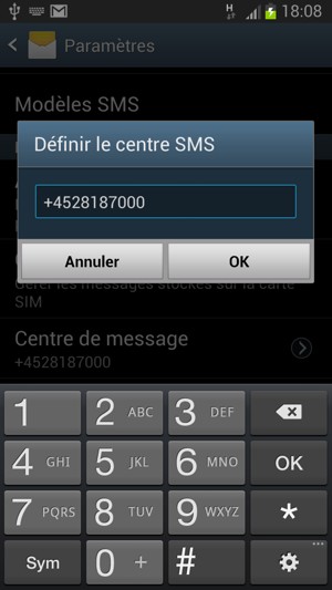Entrez le numéro de centre SMS et appuyez sur OK