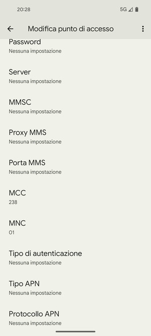 Scorri verso il basso e inserisci le informazioni di internet