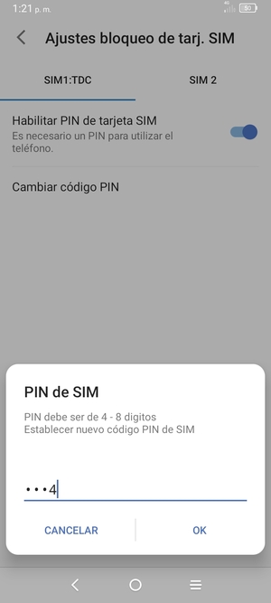 Introduzca su Nuevo código PIN de SIM y seleccione OK