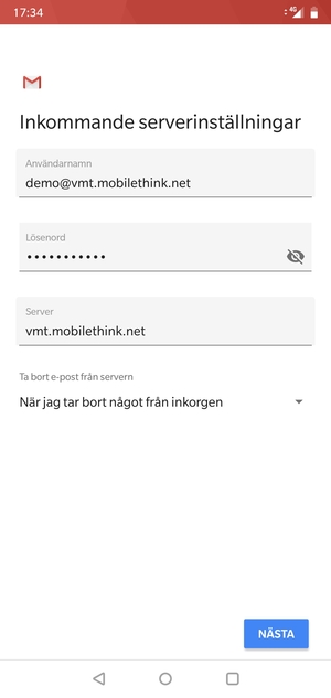 Ange Användarnamn och inkommande serveradress. Välj NÄSTA