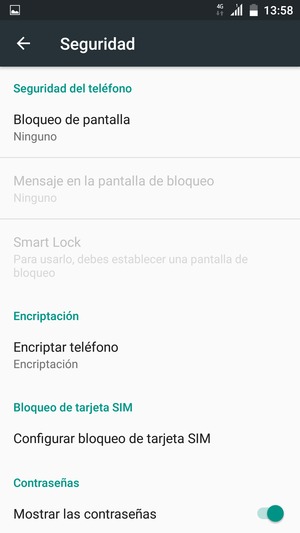 Para activar su bloqueo de pantalla, vaya al menú Seguridad y seleccione Bloqueo de pantalla