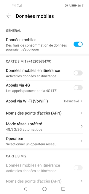 Faites défiler jusqu'à CARTE SIM 1 ou CARTE SIM 2 et sélectionnez Mode réseau préféré