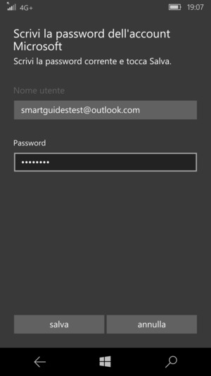 Scrivi la password dell'account Microsoft e seleziona salva