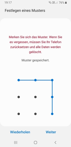 Zeichnen Sie ein Entsperrmuster und wählen Sie Weiter
