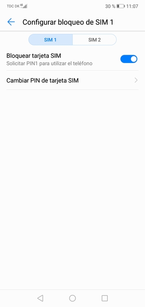 Seleccione SIM 1 o SIM 2 y seleccione Cambiar PIN de tarjeta SIM