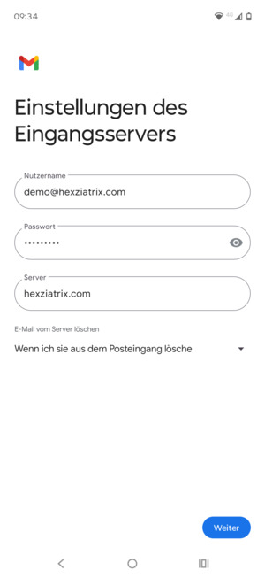 Geben Sie Benutzername und die Server-Adresse für eingehende Post ein. Wählen Sie Weiter