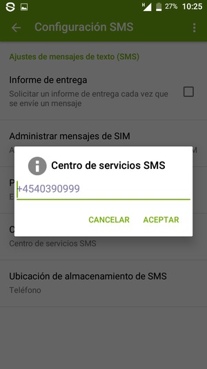 Introduzca el número de Centro de servicios SMS y seleccione ACEPTAR