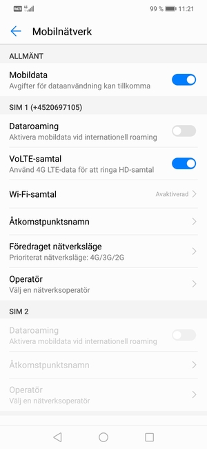 Scrolla till SIM 1 eller SIM 2 och välj Åtkomstpunktsnamn