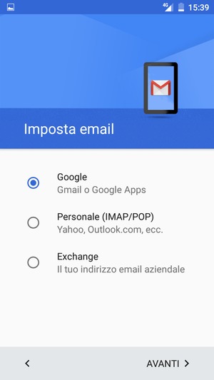 Seleziona Google e poi AVANTI