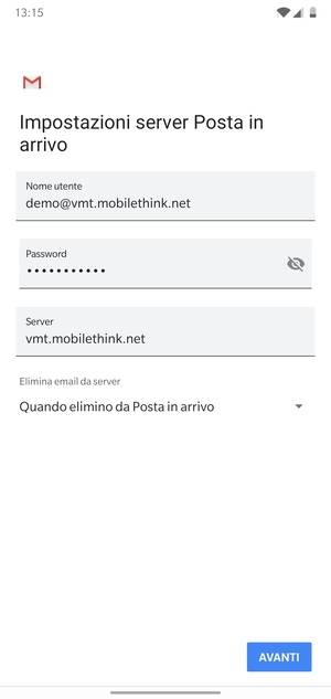 Inserisci Nome utente e l'indirizzo del server di posta in arrivo. Seleziona AVANTI