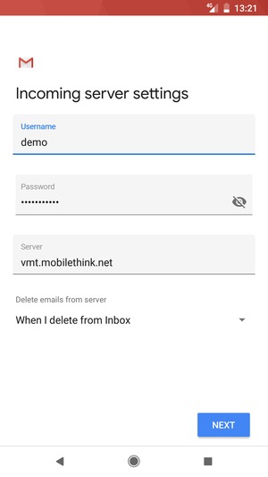 Enter Username and Incoming server address. Select NEXT