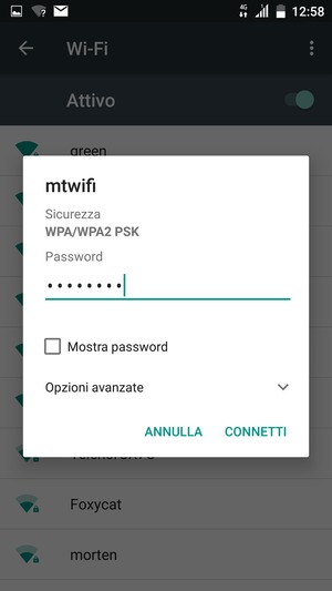 Inserisci la password del Wi-Fi e seleziona CONNETTI