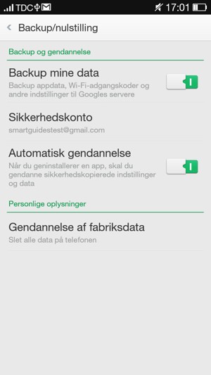 Aktiver Backup mine data og vælg Sikkerhedskonto